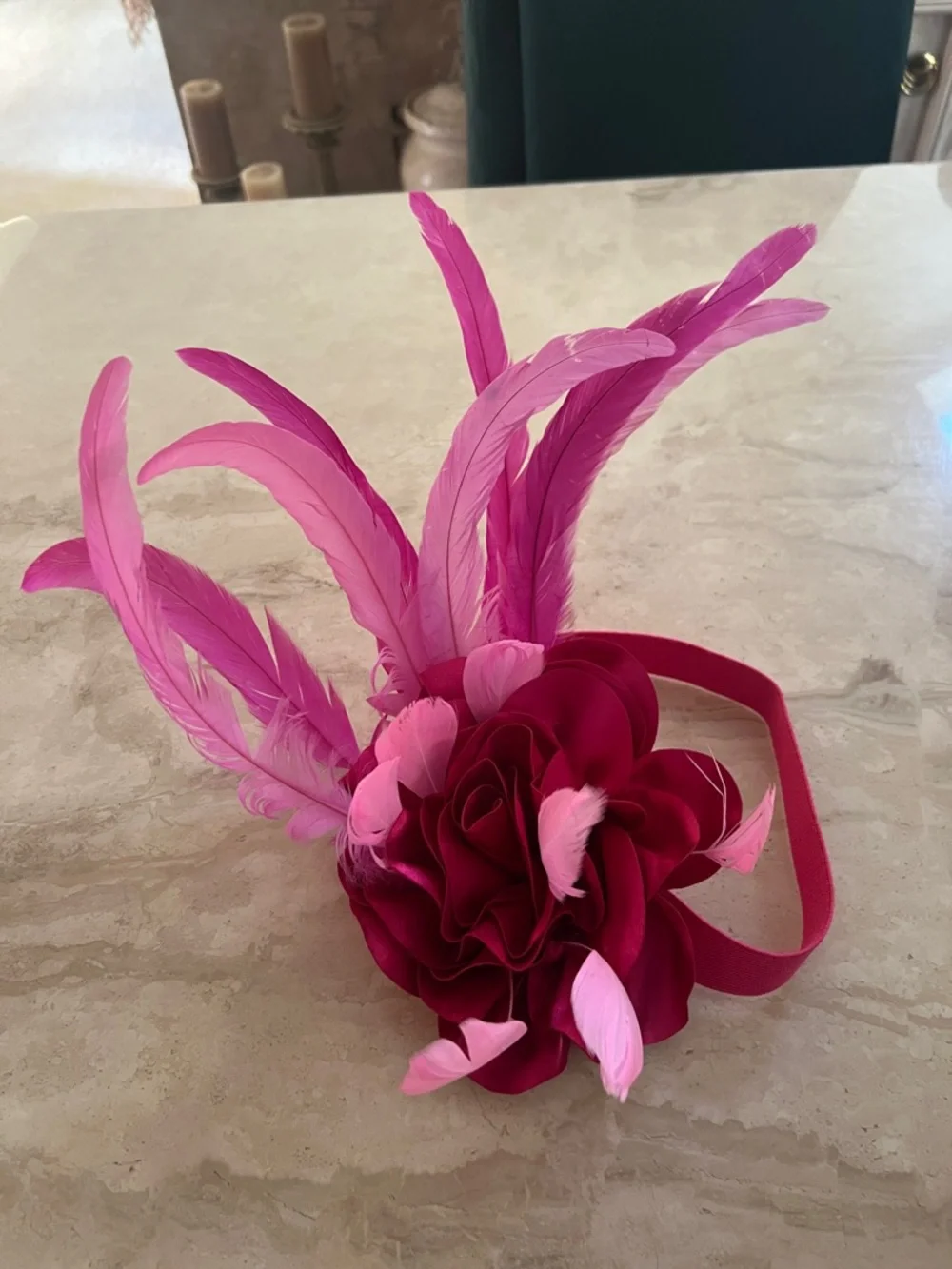 Derby Fuchsia Satin Rose and Feather Fascinator Hair Accessory or Band for Hat. - Picture 2 of 5